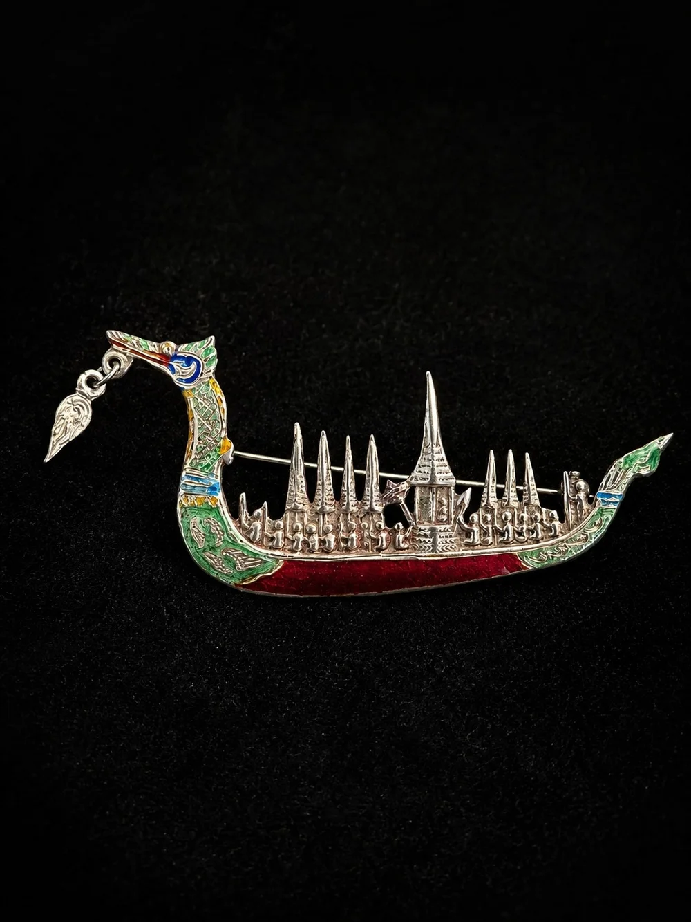 Vintage Siam Sterling Silver Thai Royal Dragon Boat Enamel Brooch Pin